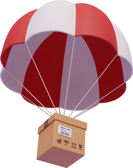 Brown parcel cardboard box with parachute, online delivery service or shipping and global logistic concept, quick and fast cargo shipment.